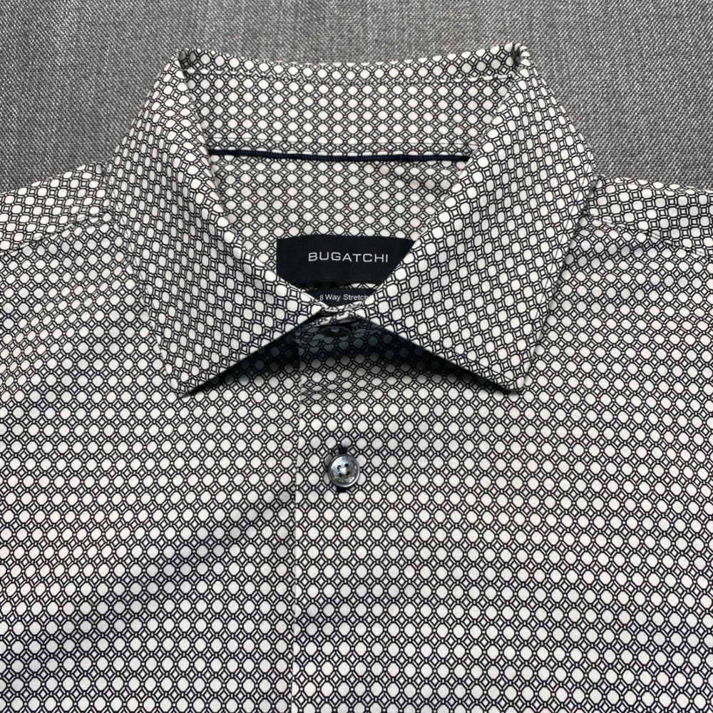 Bugatchi Mens 8 Way Stretch Long Sleeve Button Down Shirt Stone Geometric Med - Picture 3 of 10